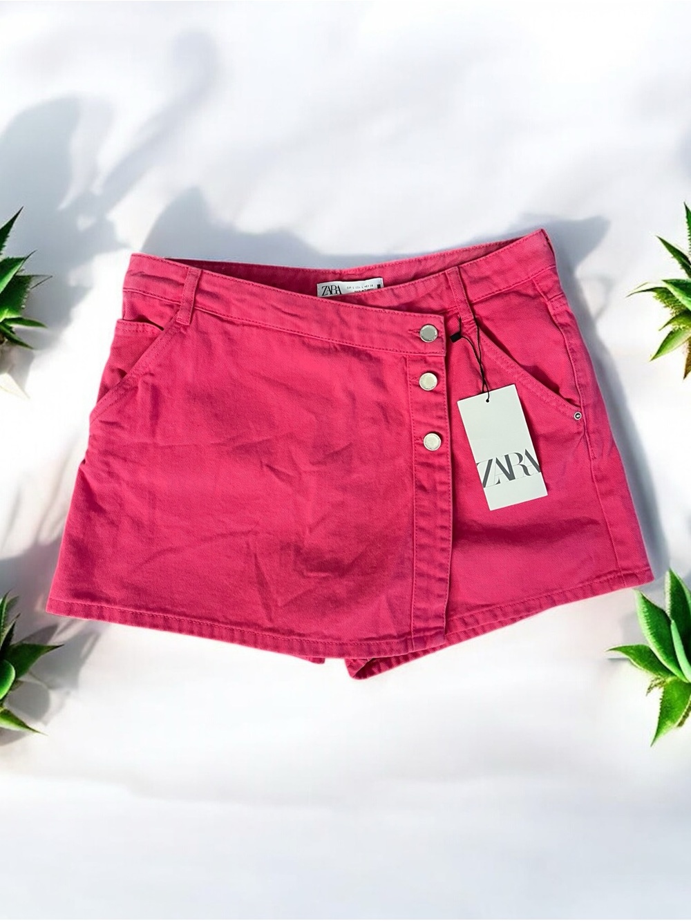 ZARA Bright Pink Denim Skort with Button Detail
